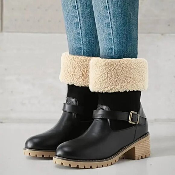 Women's Chunky Heel Boots, Fashion Buckle Strap Detailed Plush Lined Boots, Comf - Picture 1 of 9